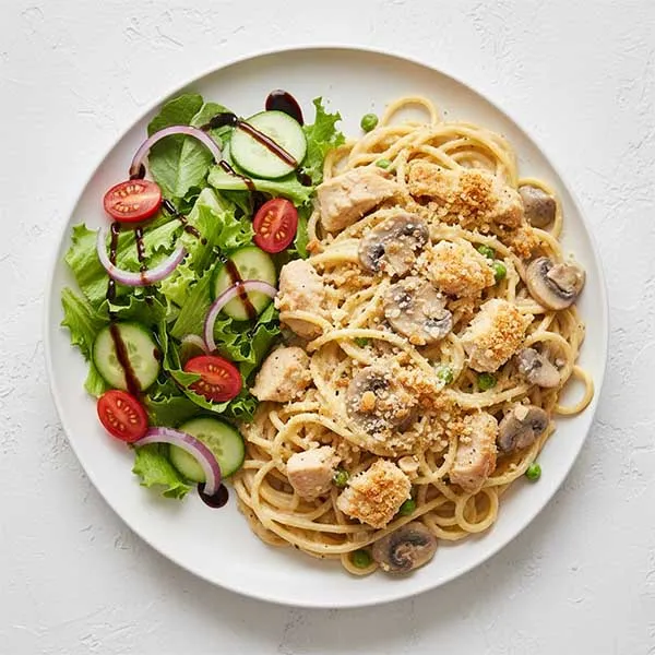 Creamy Chicken Tetrazzini With Balsamic Garden Salad